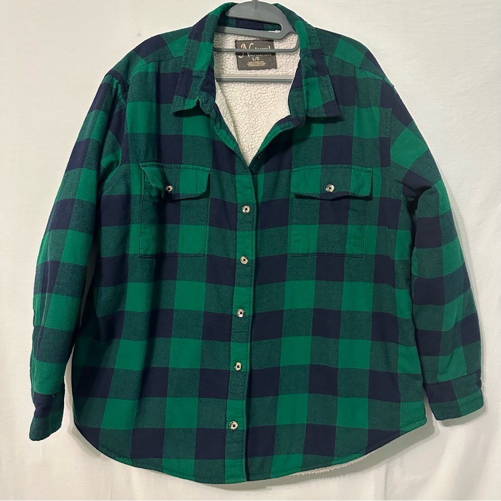 Natural Reflections Green Black Buffalo Fleece Lined Flannel Shacket Shirt Sz Lg